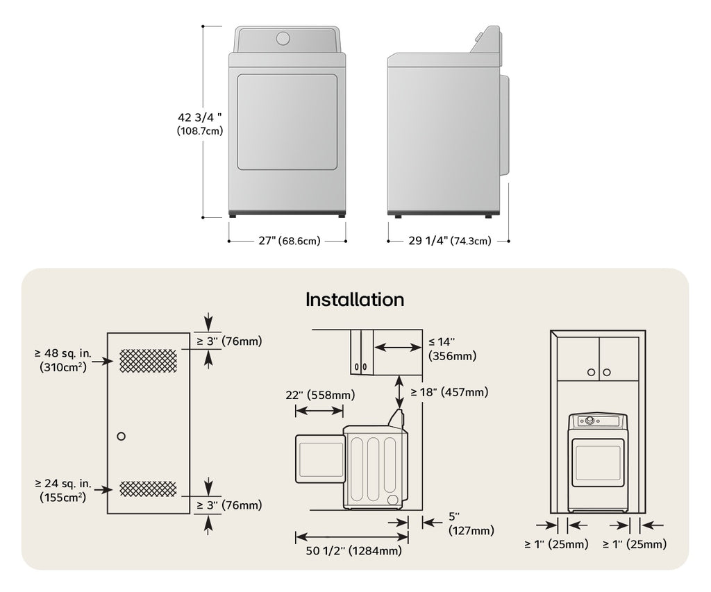 LG DLE8200W Dimensions